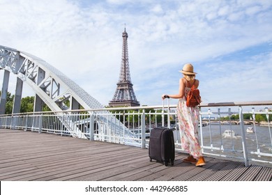 Travel To Paris, Europe Tour, Woman With Suitcase Near Eiffel Tower, France
