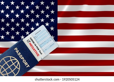 Travel Passport, Boarding Pass And Negative COVID-19 PCR Test Result For US. Concept Of New Normal Air Or Land Border Travel With Proof Of Coronavirus Testing Requirement In United States