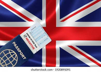 Travel Passport, Boarding Pass And Negative COVID-19 PCR Test Result For UK. Concept Of New Normal Air Or Land Border Travel With Proof Of Coronavirus Testing Requirement In Britain