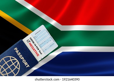 Travel Passport, Boarding Pass And Negative COVID-19 PCR Test Result For South Africa. Concept Of New Normal Air Or Land Border Travel With Proof Of Coronavirus Testing Requirement In South Africa