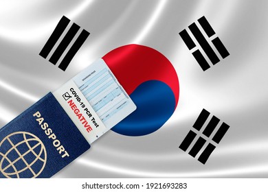 Travel Passport, Boarding Pass And Negative COVID-19 PCR Test Result For South Korea. Concept Of New Normal Air Or Land Border Travel With Proof Of Coronavirus Testing Requirement In South Korea