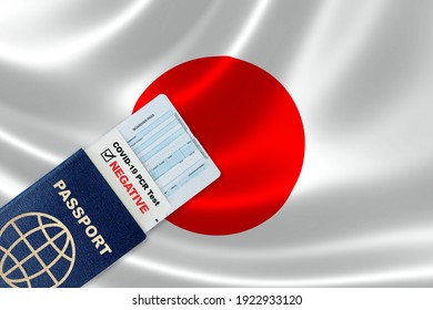 Travel Passport, Boarding Pass And Negative COVID-19 PCR Test Result For Japan. Concept Of New Normal Air Or Land Border Travel With Proof Of Coronavirus Testing Requirement In Japan