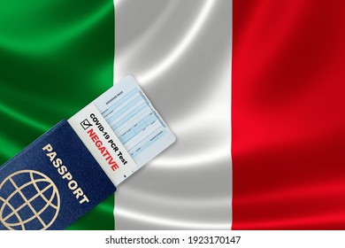 Travel Passport, Boarding Pass And Negative Test Result Of COVID-19 PCR Test For Italy. Concept Of New Normal Air Or Land Border Travel With Proof Of Coronavirus Testing Requirement In Italy