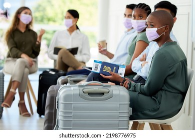 Travel, Passport And Covid Compliance People With Mask At Airport For Safety From Corona Virus Traveling Business Class. Business People In Global Inclusivity With Airplane Ticket And Luggage