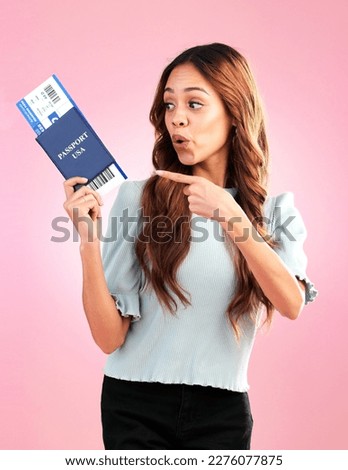 Travel passport, surprise and woman point in studio with ticket, boarding pass and flight documents. Traveling agency mockup, tourism and girl ready for international holiday, vacation and USA trip