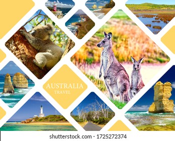 Travel photo collage Australia. Illustrated tourism concept