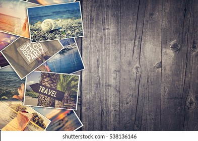 Travel Photo Collage On Wooden Background