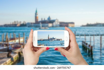 Travel Photo On The Phone. View Of San Giorgio Island, Venice, Italy