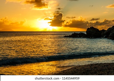 Travel Photo In St. Barths, Caribbean. Amazing View Of Sunset On Shell Beach In Gustavia, Caribbean.