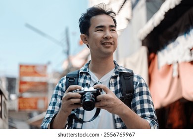 Travel photographer captures urban life vibrant street scenes local culture outdoor adventure eye-level perspective storytelling moments - Powered by Shutterstock