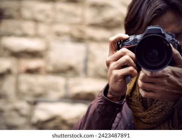 Travel, photographer and man in city for work, journey and filming memory of adventure with camera. Professional, cameraman and person capture creative photography with lens outdoor in photoshoot - Powered by Shutterstock