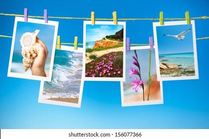 Travel pictures hanging on colorful pegs on blue background, collage