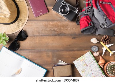 Travel Plan, Trip Vacation Accessories For Trip, Tourism Mockup - Outfit Of Traveler On Wooden Background. Flat Lay And Copyspace.