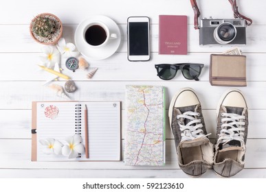 Travel Plan, Trip Vacation, Tourism Mockup - Outfit Of Traveler On White Wooden Background. Flat Lay.