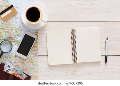 Travel Planning Checklist Mockup Background. Booking Tickets Online, Notebook With Copy Space Preparation For Vacation, Tourist Stuff On Map, Top View