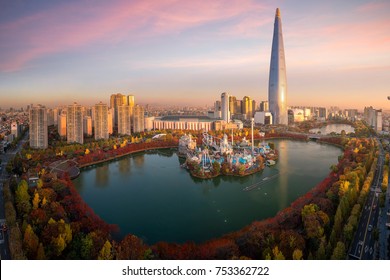 Travel Point And Tower And Building In Seoul City With Autumn And Fall Park In Korea, Asia