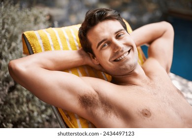 Travel, portrait or happy man with poolside, sunbathing or relax at luxury resort outdoor. Face, smile or person in Thailand for body, tanning or wellness on vacation, journey or stress relief trip - Powered by Shutterstock