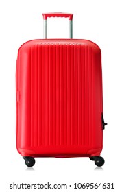 Travel red suitcase isolated on white background.
