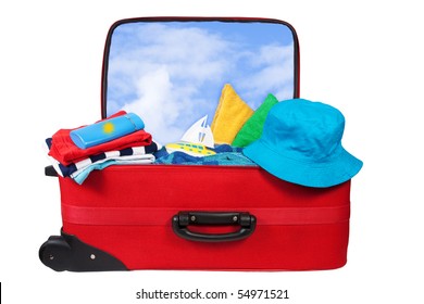 Travel red suitcase. Packed for vacation in sea resort. Personal belongings: hat, cream, towel. Isolated on white - Powered by Shutterstock