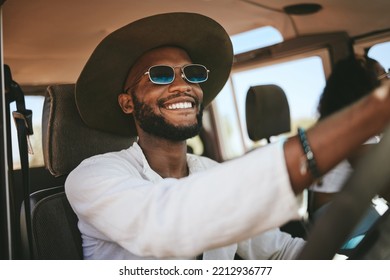 Travel, Road Trip And Happy Black Man Driving A Caravan On A Summer Vacation, Journey Or Adventure. Happiness, Freedom And African Guy With A Smile On A Drive To A Holiday Destination In