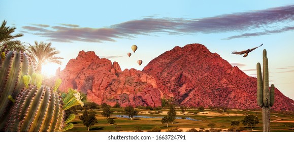 Travel scene of activities in Phoenix or Scottsdale, Arizona USA with Camelback mountain landmark. Horizontal web banner - Shutterstock ID 1663724791