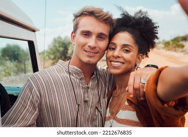 Travel, selfie and couple on road trip, happy, relax and smiling while taking picture in nature together. Love, freedom and social media influencer lovers share journey, vacation and adventure online - Powered by Shutterstock