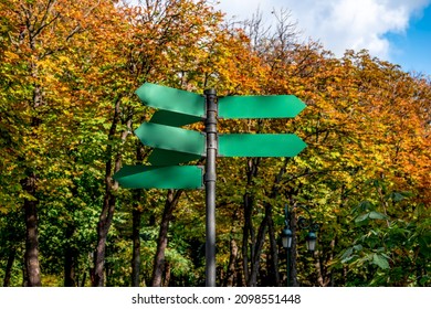 Travel Signpost With Several Blank Arrows On Autumn Park Background. Road Sign Mockup