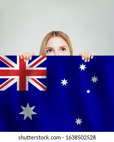 Travel And Study In Australia Concept With Pretty Girl Student With Australian Flag Background