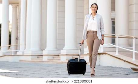 Travel, Suitcase And Business Woman In City Portrait Walking Outdoor For International Career Opportunity Or Entrepreneurship. Wealth, Class Corporate Executive Or Lawyer And Luggage For Company Trip