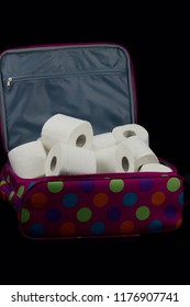 Lady´s Travel Suitcase Full Of Toilet Paper.White Toilet Paper In A Travel Suitcase With Dots.Intestinal Problems, Abdominal Pain, Diarrhea On Vacation.