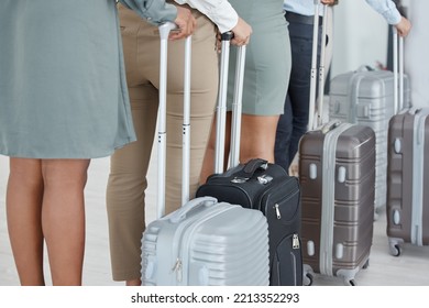 Travel, Suitcase Luggage And People In A Airport Line For Vacation Or Immigration. Business Traveling Trip Of Women And Men Airline Staff On A Corporate Retreat Ready For Plane Traveling With Bags