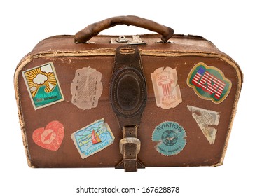 Travel Suitcase With Stickers. Vintage Suitcase. Isolated On White Background