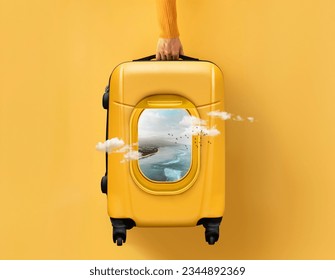 travel suitcase, tourism and travel concept, hand holding a suitcase