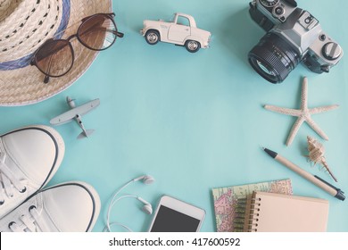 Travel Summer Accessories And Items On Color Background With Copy Space, Travel Planning Concept