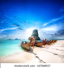 Travel To Thailand Exotic Destination Landscape. Paradise Island Beach With Boats. Beauty Of Thai Tourism