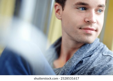 Travel, thinking and man on train for journey, commute or reflection for holiday on public transport. Relax, trip and person on tram for vacation, tourism and passenger with dream or view for transit - Powered by Shutterstock