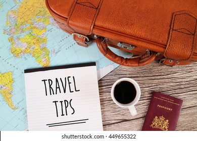 Travel Tips, Holiday Tips, Tips For Travelling, Travel Blog Content. Suitcase, Coffee, Passport, World Map.