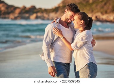 Travel, Tourism And Beach Vacation With Happy Couple Sharing Hug, Love And Laughing While On Holiday By The Seaside. French Man And Woman Enjoying Exotic Honeymoon Having Fun At Tropical Destination