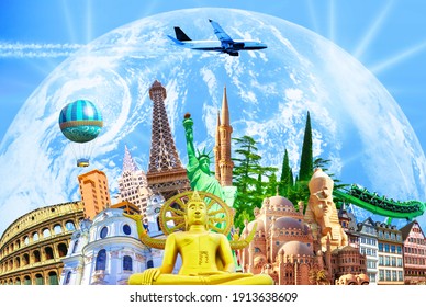 Travel and Tourism with Famous World Landmarks. Concept of aircraft and cruise ship or liner trip. Collage was created with only my author photos.