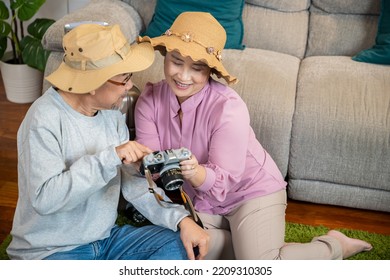 Travel And Tourism. Happy Mature Retired Couple Photography Weekend Holiday, Asian Couple Old Senior Marry Retired Couple Smiling Taking Photo By Camera During Luggage Suitcase Arranging For Travel