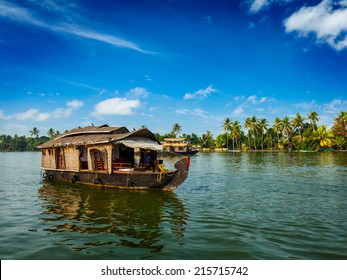 Travel Tourism Kerala Background - Houseboat On Kerala Backwaters. Kerala, India