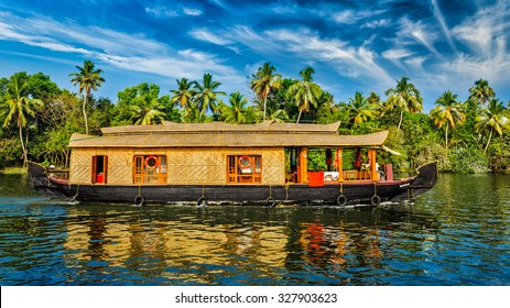 Travel Tourism Kerala Background - Panorama Of Tourist Houseboat On Kerala Backwaters. Kerala, India