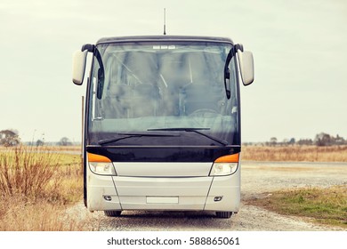 Travel, Tourism, Road Trip And Passenger Transport - Tour Bus Staying Outdoors