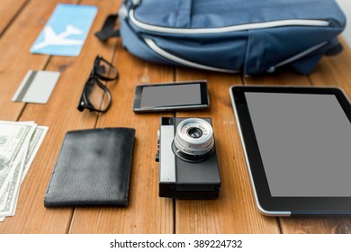 Travel, Tourism, Technology And Objects Concept - Close Up Of Camera, Gadgets And Personal Stuff