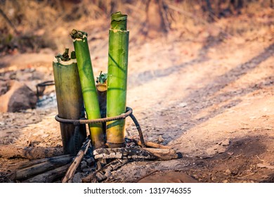 Travel Tourist Forest Concept, Cooking In Bamboo Tube Section For Roast Or Grill On Hills In Camping. Fire Flame Burning To Heat Bamboo And Food By Grill. This Cooking Is Traditional In Countryside.