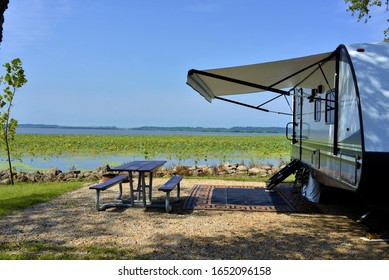 Travel Trailer Camping By The Mississippi River In Illinois