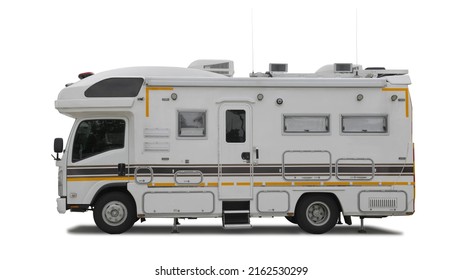 The Travel Trailer Motor Home Mobile Caravan Family Car Camping Truck Isolated On White Background. This Has Clipping Path. 