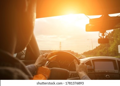 Travel Trip Car. Happy Young Man Inside Vehicle Driving In Sunny Day. Fun Driver Ride In Summer Vacation Concept.