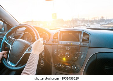 Travel Trip Car. Happy Young Woman Inside Vehicle Driving In Sunny Day. Fun Driver Ride In Winter Vacation Concept