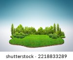 Travel and vacation background. 3d illustration with cut of the ground and the grass landscape. The trees on the island. eco design concept.
